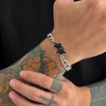Hip hop silver Cuban link bracelet featuring two black enamel five-point star charms - Silver & Black