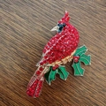 Red cardinal bird brooch with sparkling rhinestones and holly leaves for winter coats - Red Bird Shape