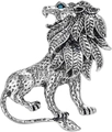 Close-up of vintage silver lion brooch with detailed mane and blue rhinestone eye detail - Silver