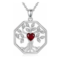 Collana Albero della Vita in argento con ciondolo ottagonale e gemma rossa a cuore - Rosso