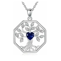 Collana Albero della Vita in argento con pendente ottagonale e pietra blu a cuore - Blu