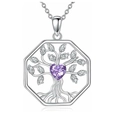 Detailed macro view of Celtic Tree of Life pendant with purple heart stone and crystal inlay - Purple
