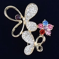 Elegant gold bow butterfly brooch with sparkling rhinestones and colorful crystal flower - Rainbow