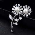 Exquisite silver flower brooch with white faux pearls and cubic zirconia on black box - Double Flower