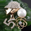 Macro shot of elegant gold brooch with pearl, camellia, and crystal number 5 detail - Golden Elegant Female Profile (y046)