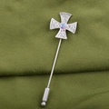 Silver cross stick pin with crystal pavé and AB stone on green ribbed fabric - Cross Style (bz2)