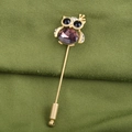 Dettaglio spilla a forma di gufo con cristallo a goccia viola e strass bianchi - Gufo