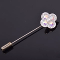 Elegant silver four-leaf clover brooch with iridescent rhinestones and a white pearl - Clover Style (bz8)
