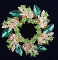 Exquise broche couronne florale dorée avec strass en cristal vert et blanc étincelant - Épingle Verte