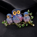 Vintage owl branch brooch with blue and purple crystals on a gold plated branch - Blue Owl Purple