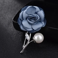 Elegant blue fabric flower brooch with white pearl and zircon on black leather background - Blue With Silver Branch