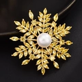 Broche de copo de nieve de lujo con circón amarillo, perla blanca y metal dorado fino - Estilo de Strass Amarillo de Corte Marquise / Amarillo