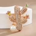 Exquisite cactus brooch with sparkling rhinestones and white pearl on a gold-tone base - Gold Alloy Style