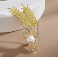 Spilla a spiga di grano dorata con cristalli gialli e un dettaglio in perla bianca - Stile a Doppia Spiga / Spiga di Grano Dorata