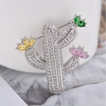 Elegant silver cactus brooch with sparkling multicolor cubic zirconia and rhinestones - Silver Zircon