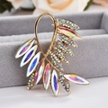 Elegant gold alloy leaf brooch featuring iridescent crystal rhinestones and marquise stones - AB Color