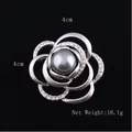Elegant matte silver flower brooch with grey pearl and rhinestones 4cm size - Rose