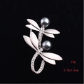 Detail of matte silver double dragonfly brooch with dark grey pearls and rhinestones - Dragonfly