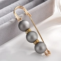 Elegant gold alloy safety pin brooch with grey matte beads and sparkling rhinestones - Pin Style / Gray