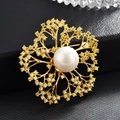 Elegant gold camellia flower brooch with white pearl and yellow crystal accents - Gold