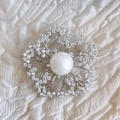 Exquisite camellia flower brooch with a large white pearl and zircon crystal petals - White