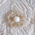 Elegant gold camellia flower brooch with center white pearl and sparkling zircon petals - Yellow