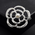 Detailed macro view of camellia flower brooch with silver textured petals and pearls - Silver Hollow Pearl Floral Style / 9-Hollow Silver