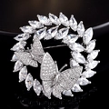 Broche ronde argentée exquise avec bague en zircon marquise et détails papillon pavés - 2 Bagues Papillon
