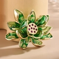 Elegant gold lotus brooch with green enamel petals and purple zircon inlays - Green