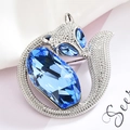 Luxurious fox brooch with sparkling blue marquise crystal and silver-tone micro-bead metal - Blue