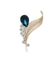 Elegante spilla dorata con un grande cristallo blu scuro a forma di pera e zirconi bianchi - Foglia di Cristallo Blu