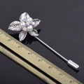 Silver flower long pin brooch with white pearls and rhinestones on black background - Textured Pearl Floral (bz7)