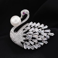 Elegant silver swan brooch featuring white pearl and brilliant pave-set crystals - Silver Pearl Swan