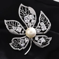 Elegant silver leaf brooch with assorted cubic zirconia stones and a white pearl - Silver Maple Leaf