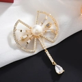 Elegant gold fan brooch with white pearl, rectangular zircon, and teardrop pendant - Gold Bowknot Dangle Pearl