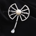 Elegant silver bow brooch with micro-paved zircons and a central white pearl - Silver Bowknot Dangle Pearl
