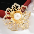 Elegant gold flower brooch with white pearl and sparkling crystals on red velvet - Gold Large Pearl Flower