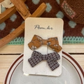 Set of two fabric bow hair clips featuring yellow floral and vintage brown plaid patterns - Brown Plaid Flower