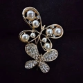Elegant gold-plated double butterfly brooch with white faux pearls and clear rhinestones - 2 Butterflies