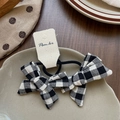 Handmade black and white checkered bow hair tie with premium elastic band on card - Plaid Bow Scrunchie