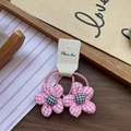 Set of two pink checkered fabric flower hair ties for girls on a beige display card - Pink Houndstooth Flower Hair Tie