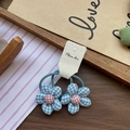 Floral hair ties with green houndstooth pattern and red checkered center for girls - Blue Houndstooth Flower Hair Tie