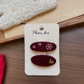 Set of two burgundy plush hair clips with pink snowflake embroidery and gold metal bow - Oval Snowflake Embroidery Hair Clip