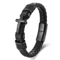 Men's black woven leather bracelet featuring a matte metal cross and magnetic clasp - 1.6 Width * 39g / Black Genuine Leather 19CM