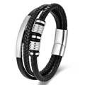 Bracciale multistrato in pelle intrecciata nera da uomo con chiusura magnetica in argento - 23cm / Colore acciaio