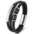 Bracciale multistrato da uomo in pelle nera intrecciata con chiusura magnetica in acciaio - 23cm / Bicolore Nero