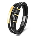 Bracciale multistrato da uomo in pelle nera intrecciata con placca dorata e chiusura magnetica - 23cm / nero e oro