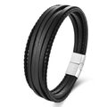 Men's multilayer black braided leather bracelet with brushed stainless steel magnetic clasp - 19cm / 20g / Steel