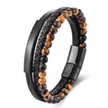 Men's multilayer tiger eye bead and braided leather bracelet with magnetic metal clasp - 19cm / Yellow Tiger Eye