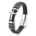 Men's braided leather bracelet with silver cross and magnetic clasp in black and silver - 1.6 Width * 39g / Steel Color Genuine Leather 19CM